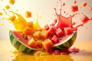 Vibrant fruit salad explosion splash watermelon fresh juice refreshing