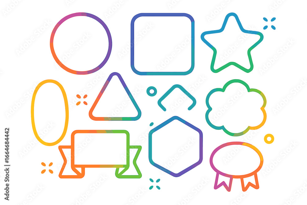 Poster set of colorful gradient frames and badges. collection of geometric shapes with vibrant outline. mod