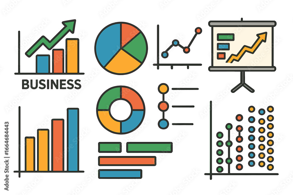 Poster Set of colorful data visualization icons. Business analytics charts and graphs for report and presentation. Infographic elements vector illustration. Financial progress and growth.