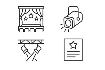 Theater and entertainment line icon set. Stage with curtains, spotlights, lighting rig, and show ticket. Performance, concert, and event concept vector symbols. Outline pictogram.