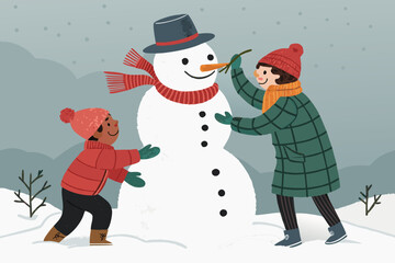 Kids happily building a snowman with a carrot nose.