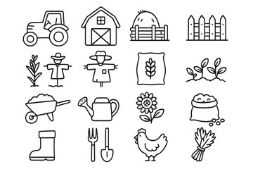 Farm and agriculture line icon set. Vector collection of simple outline symbols for farming, gardening, and harvest. Includes tractor, barn, scarecrow, chicken, and tools.