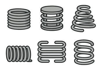 Metal springs and coils vector icon set. Collection of various mechanical spiral shapes. Industrial engineering concept of flexibility, pressure, tension, resilience and rebound.
