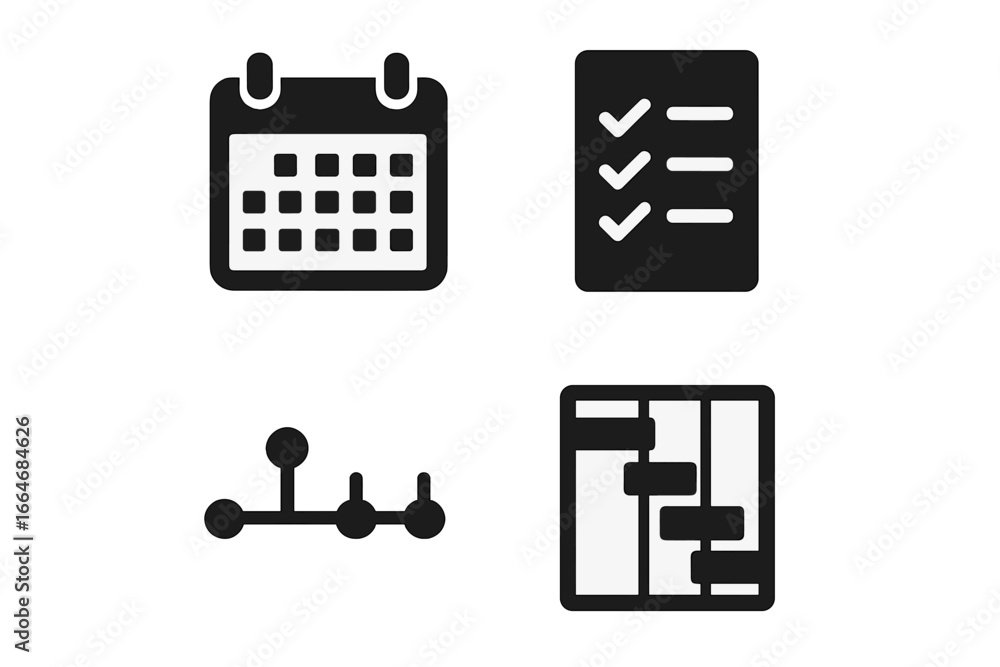 Poster project management solid glyph icon set. business planning and scheduling symbols. vector icons of c