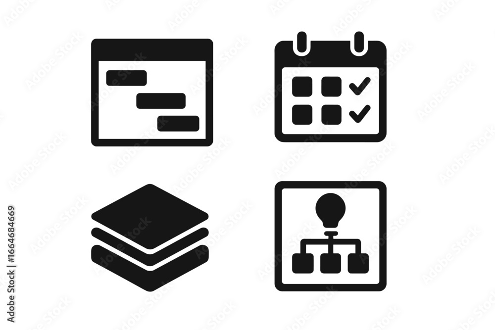 Poster project planning solid glyph icon set. business management symbols. gantt chart for schedule, calend