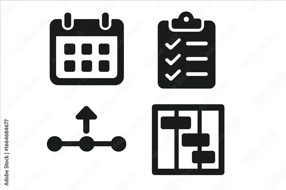 Poster project management solid filled icon set. vector glyph symbols for business planning and workflow or