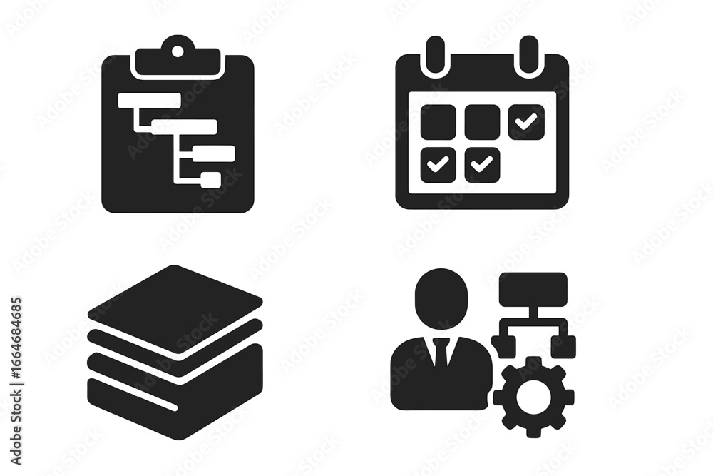 Poster project planning and business management icon set. vector glyph collection with gantt chart, schedul