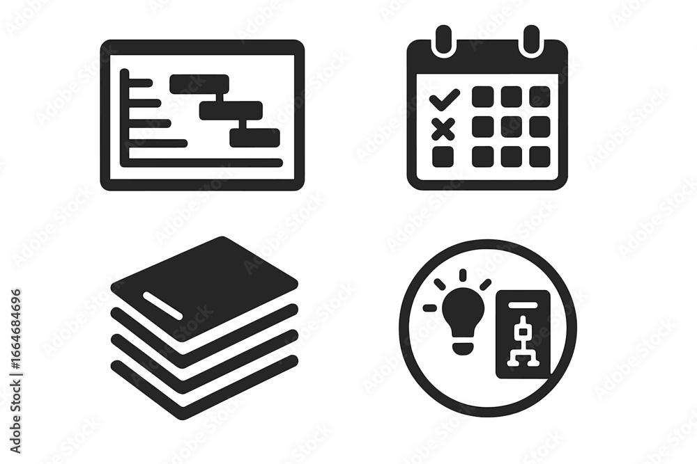 Poster project management icons set. gantt chart for timeline and schedule planning. calendar for tasks and