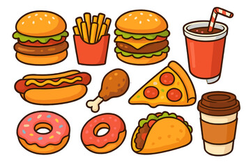 Fast food vector icon set. Cartoon collection of junk food items. Burger, pizza, hot dog, fries, donut, taco, and soda drinks. Colorful isolated graphic illustration.