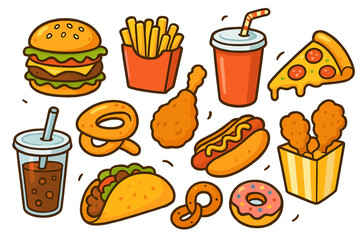 Fast food vector icon set. Cartoon collection of junk food items like hamburger, pizza, french fries, hot dog, taco, donut, fried chicken and soda. Isolated takeaway meal.