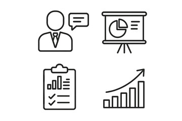 Business and analytics outline icons. Data analysis symbols, presentation screen, financial report, and growth chart. Vector line icon set for corporate strategy and marketing.