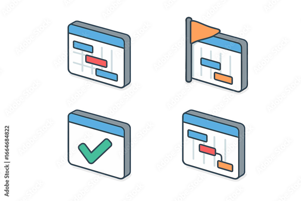 Aufkleber project management isometric icon set. gantt chart for business planning and task scheduling. workfl
