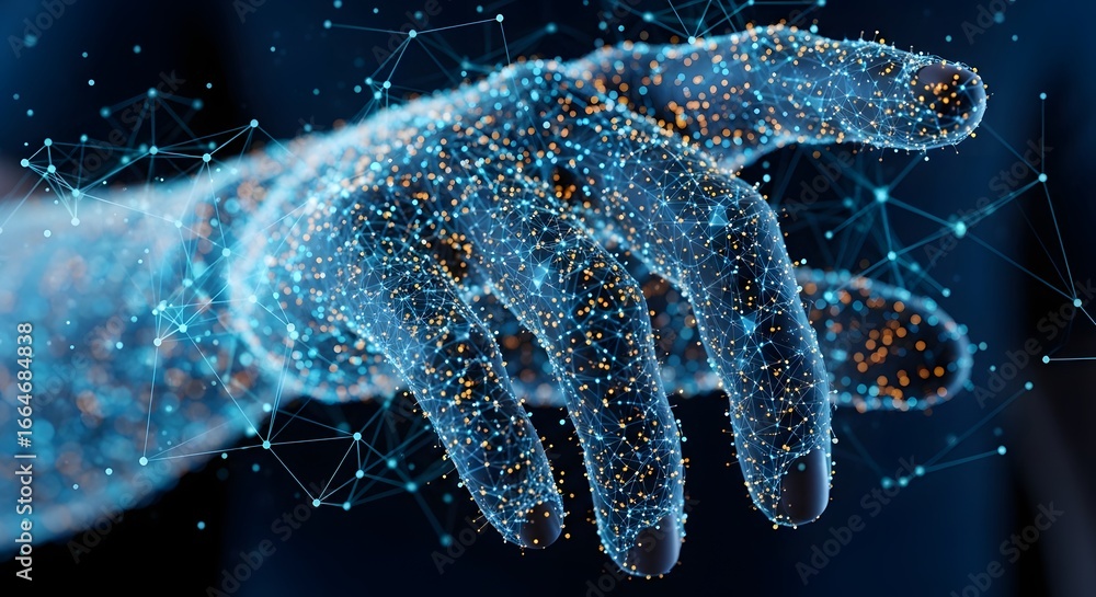 Poster digital hand reaching out with glowing dots and lines, representing modern technology, artificial in