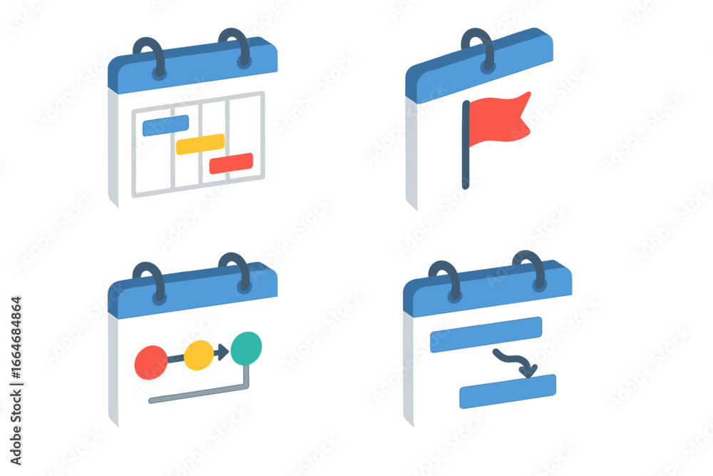 Poster isometric project management icon set. vector flat design of timeline, schedule, and planning concep