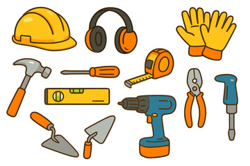Construction tools icon collection. Vector cartoon illustration set for building, repair, renovation. DIY project equipment. Worker safety gear, hammer, drill, helmet, gloves.