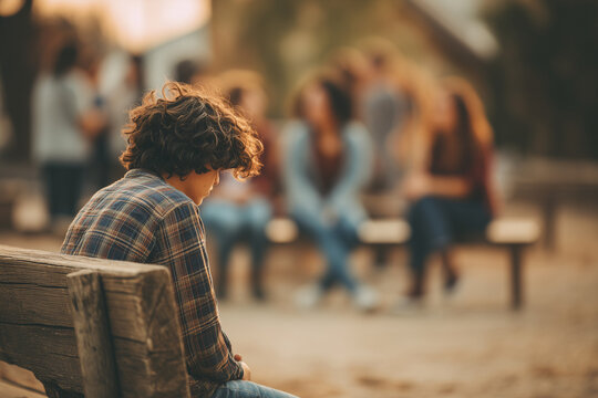 Lonely teen boy sits on a bench while peers chat in the background&mdash;bullying, social exclusion and youth mental health concept; warm sunset bokeh, education awareness image with copy space