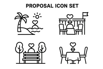 Proposal location outline icon set. Romantic engagement spots pictograms. Beach, rooftop, park bench, restaurant dinner for two. Linear vector love symbols collection.