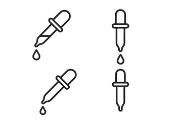 Dropper icon set. Pipette with drop line art collection. Medicine dose symbol. Laboratory research tool. Tincture, serum or essential oil liquid sign. Vector icons.