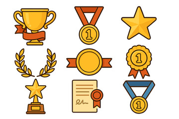Gold award icon set. Winner and champion symbols. Trophy, medal, prize, star, laurel wreath. First place achievement. Victory, success concept. Vector certificate for competition.