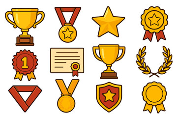 Set of award icons. Golden trophy cup, star, and medals. Winner prize, first place achievement, and victory symbol collection. Champion reward, certificate, and honor.