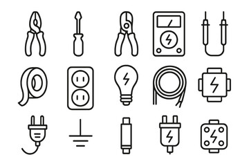 Electrical tools line icon set. Essential electronics and wiring icons. Vector collection of electrician symbols for repair and maintenance. Plug, socket, cable, multimeter.