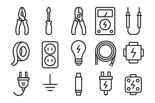 Electrical tools line icon set. Essential electronics and wiring icons. Vector collection of electrician symbols for repair and maintenance. Plug, socket, cable, multimeter.