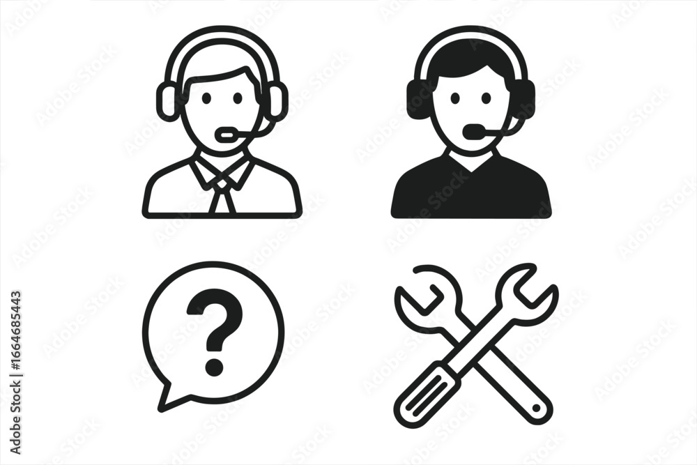 Poster customer service icons set. call center agent, help desk operator, faq question mark and technical s