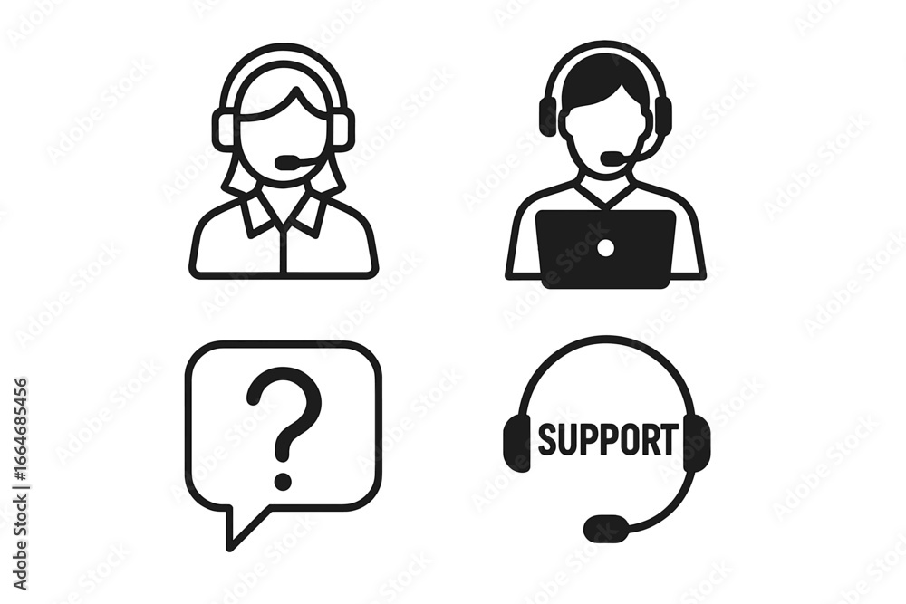 Poster customer service icon set with line and solid styles. call center operator with headset, help desk a