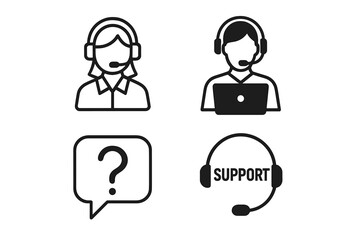 Customer service icon set with line and solid styles. Call center operator with headset, help desk agent, FAQ question mark, and support symbols. Vector for assistance.