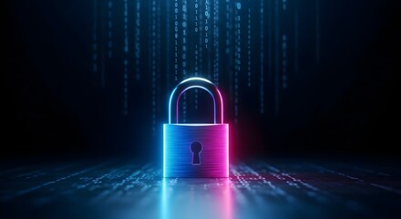 A glowing padlock with neon lights symbolizes cybersecurity and data protection in the digital age, highlighting the importance of online privacy and network security