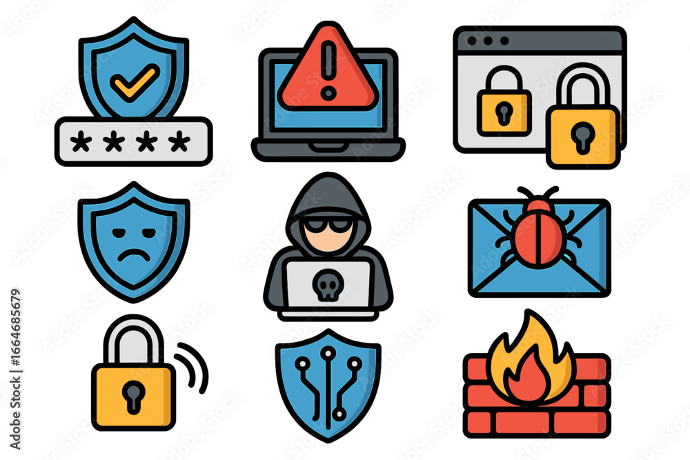 Poster cybersecurity icon set. digital protection and data security symbols. hacker, virus, firewall, passw