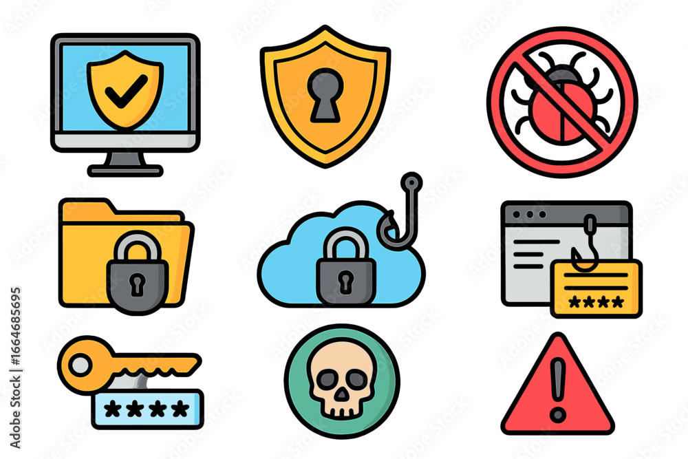Poster cybersecurity vector icon set. concepts of data protection, internet privacy and online safety. symb