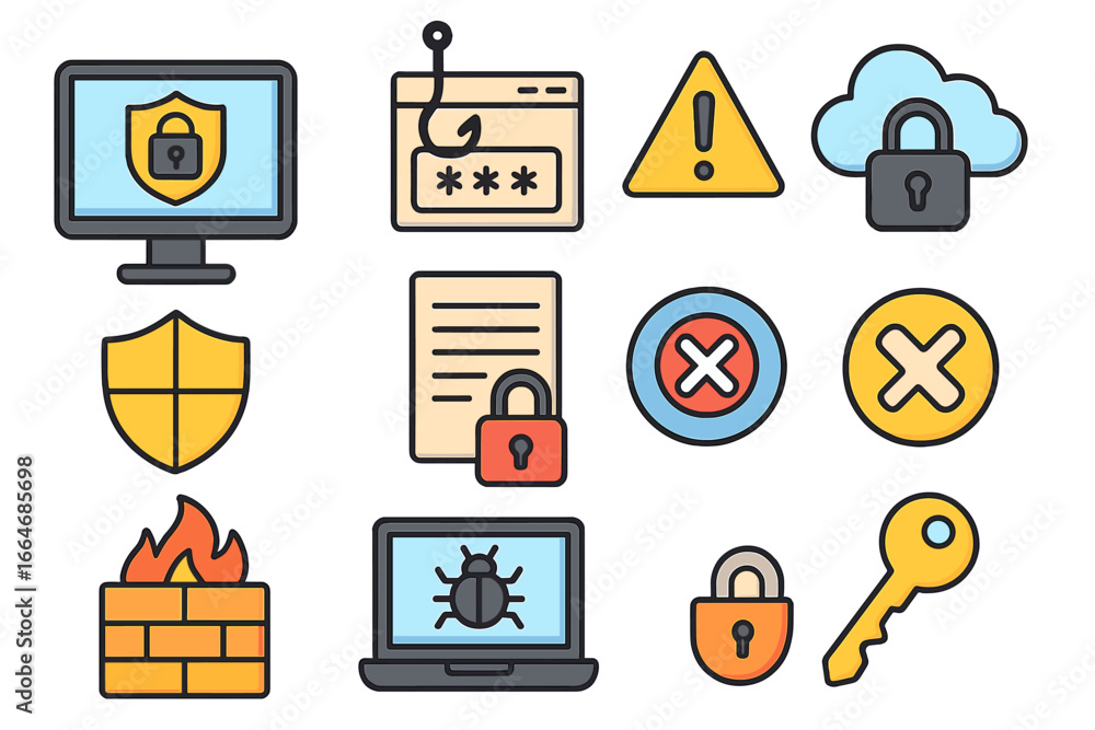 Poster collection of cybersecurity icons for digital protection and data security. phishing, firewall, viru