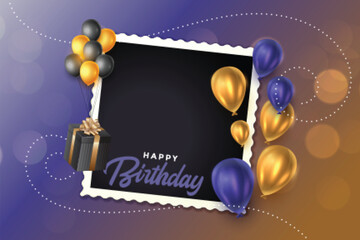 beautiful happy birthday card with balloons and photo frame