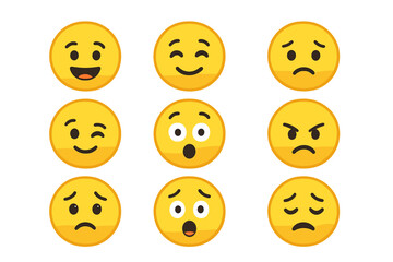 Fototapeta premium Vector emoji and emoticon set. Collection of cartoon faces with different expressions. Happy, sad, angry, surprised feelings for social media chat and user feedback icons.