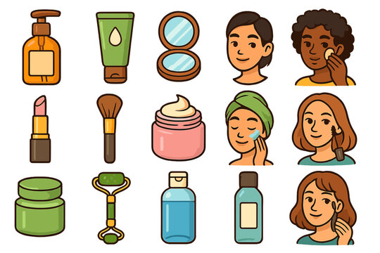 Beauty and skincare icon set. Diverse women with daily routine products. Vector cartoon illustration of makeup, cream, lipstick, lotion, jade roller for personal care concept.