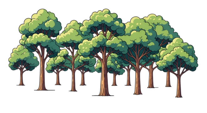 Cartoon Forest of Green Leafy Trees on Transparent Background for Nature and Environment Designs