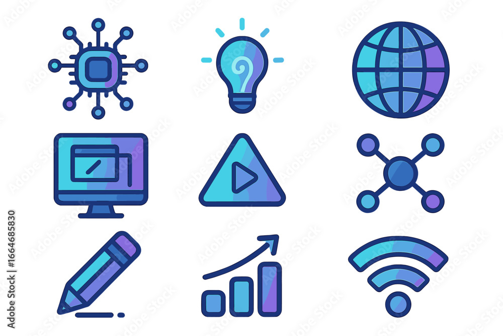 Poster set of technology icons for business and digital marketing. concepts of data analysis, global networ