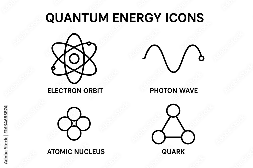 Poster quantum physics and subatomic energy vector icon set. outline symbols for scientific concepts like e