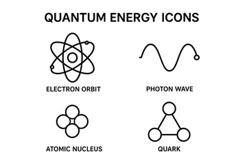 Quantum physics and subatomic energy vector icon set. Outline symbols for scientific concepts like electron orbit, photon wave, atomic nucleus, and quarks. Physics graphic.