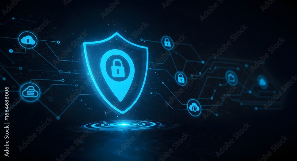 Poster cybersecurity concept with a glowing shield and lock, representing data protection, network security