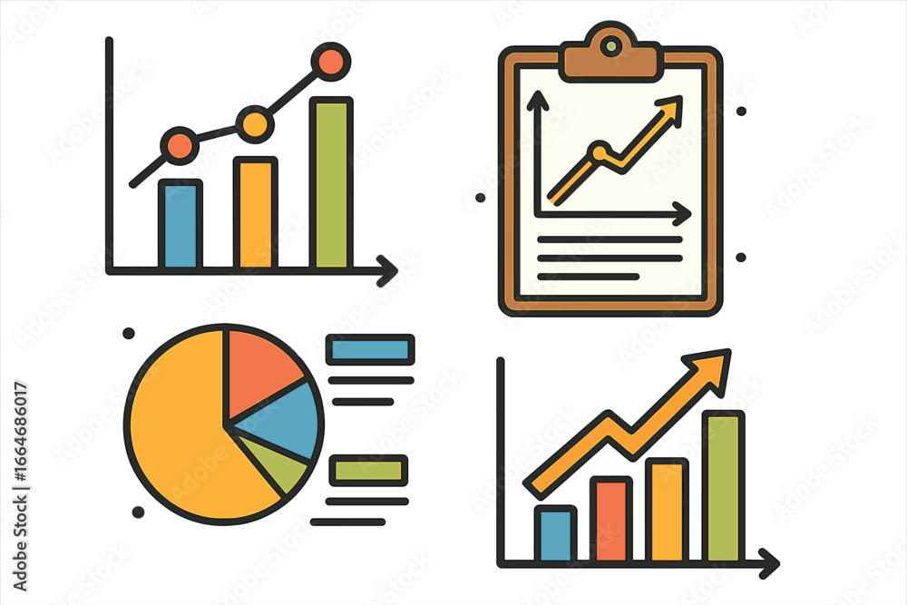 Poster set of business data visualization icons. charts and graphs for analysis, growth metrics, and financ