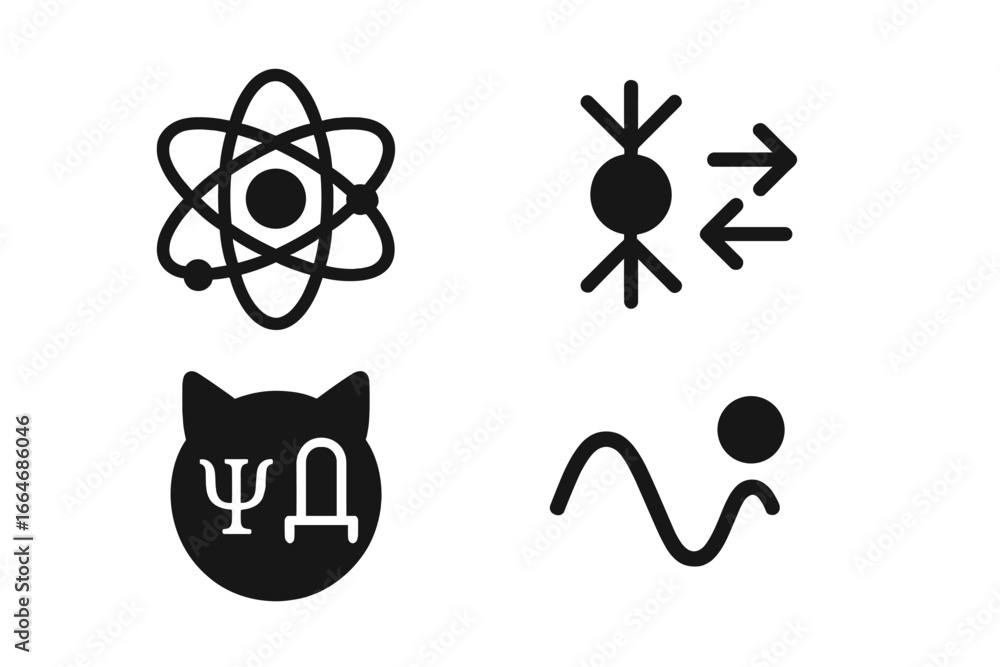 Poster quantum physics solid icon set. vector symbols of atom, quantum entanglement, schrödinger's cat para
