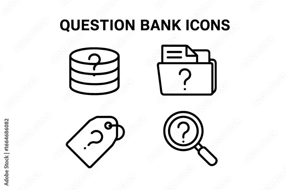 Poster question bank line icon set. faq and help desk symbols. search, query, information, support, and kno