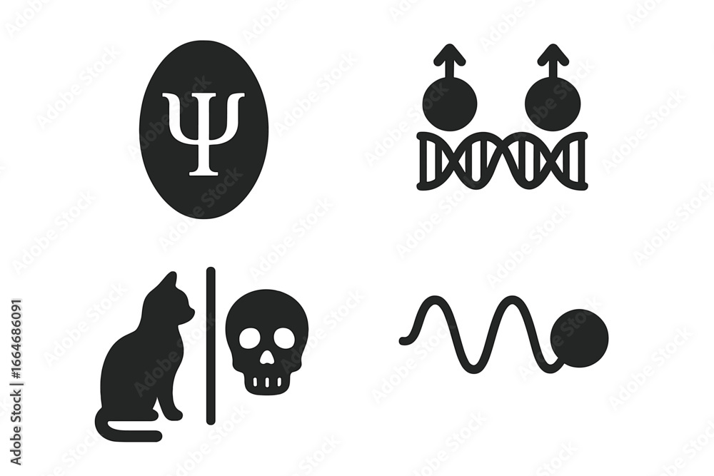 Poster quantum physics icon set with key concepts. schrödinger's cat, entanglement, wave-particle duality, 