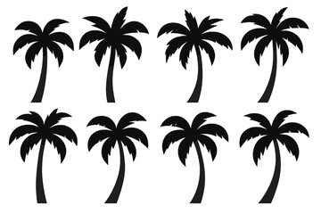 Set of black palm tree silhouettes. Vector collection of tropical coconut trees. Summer vacation & travel icon. Exotic nature plant symbol for beach, island, Hawaii design.