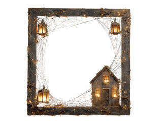 Spooky halloween frame with haunted house and lanterns isolated on transparent background