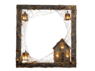 Spooky halloween frame with haunted house and lanterns isolated on transparent background