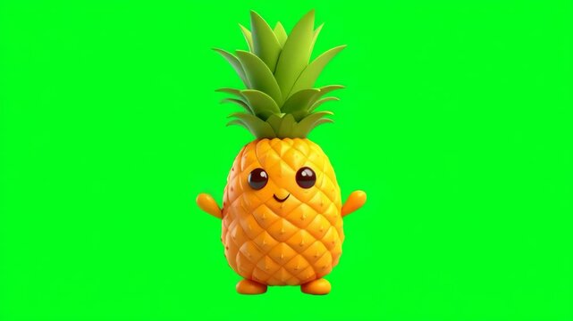 A cheerful pineapple character with big eyes and a friendly expression stands against a bright green background, radiating positivity.