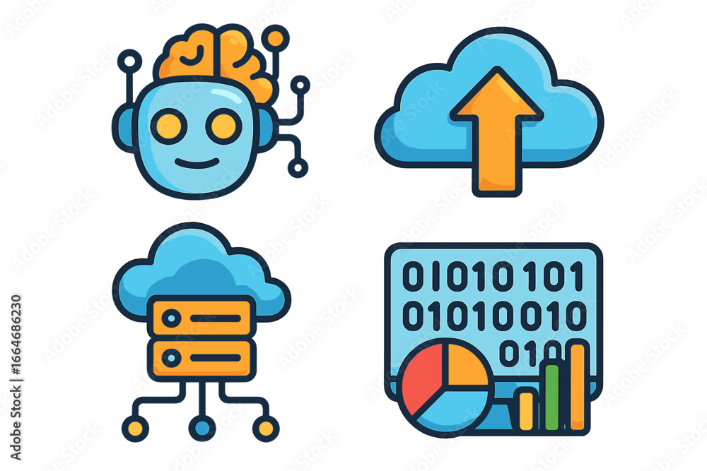 Aufkleber technology vector icon set. flat cartoon symbols of artificial intelligence, cloud computing, big da